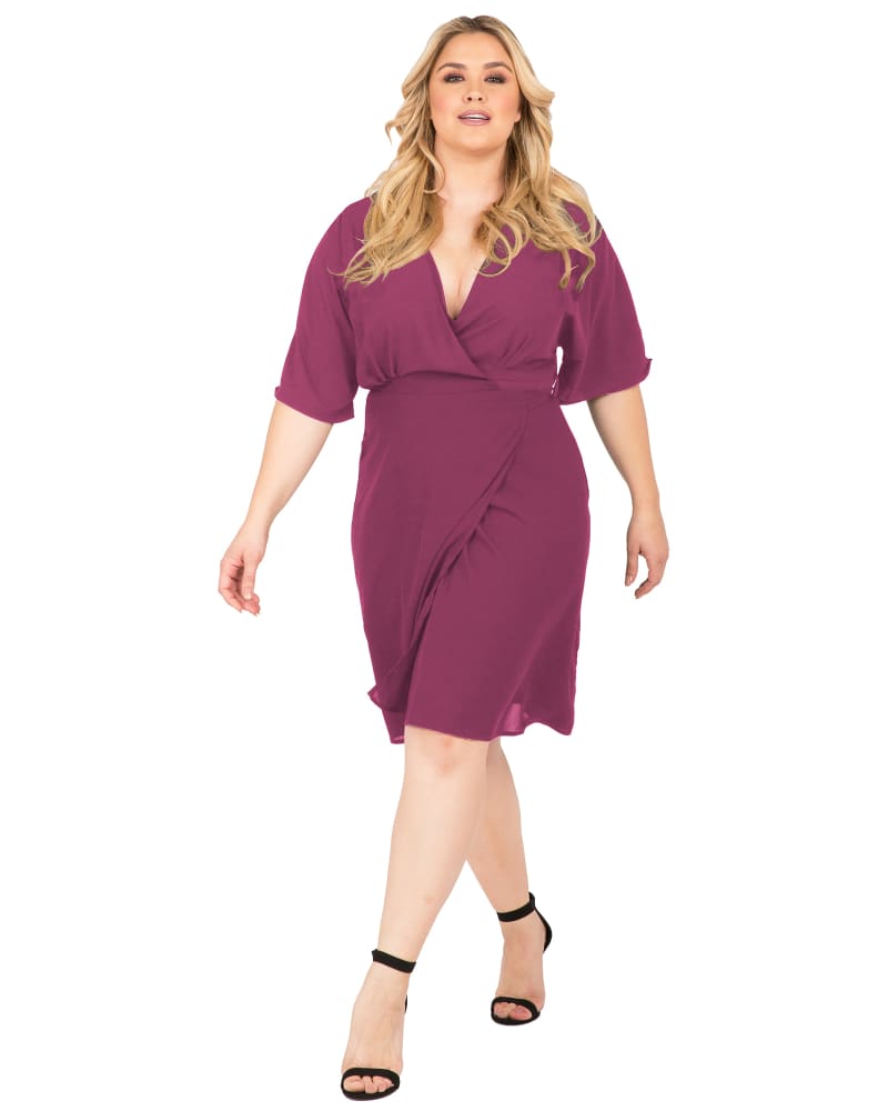 Front of a model wearing a size 1X Caroline V-Neck Kimono Wrap Midi Dress in Rose by Standards & Practices. | dia_product_style_image_id:280634